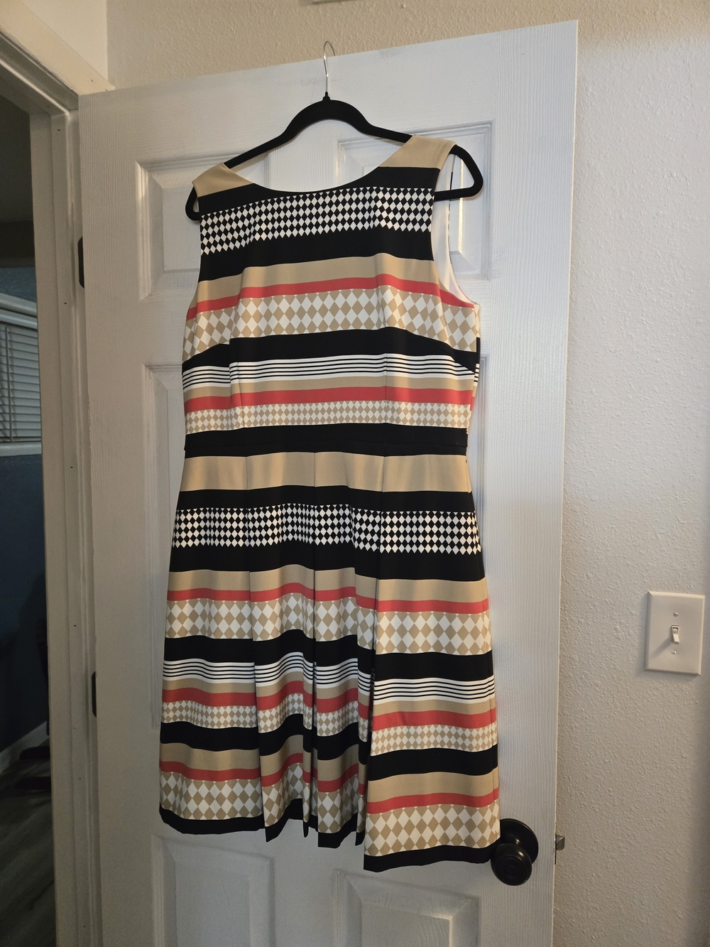 Tahari Sophisticated Striped Geometric Midi Dress - Black, Beige, Red.